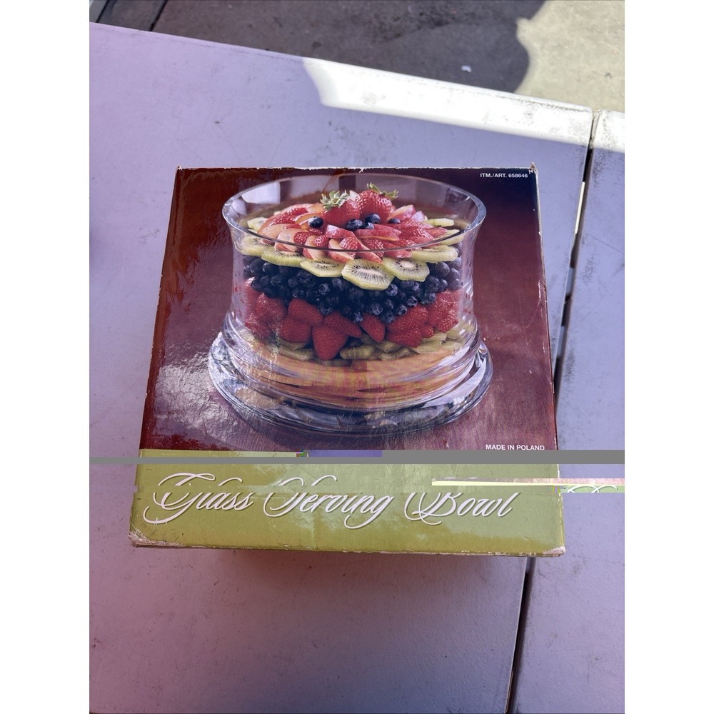 Large Clear Glass Serving Bowl Fruit Salad Centerpiece Poland w/ Original Box